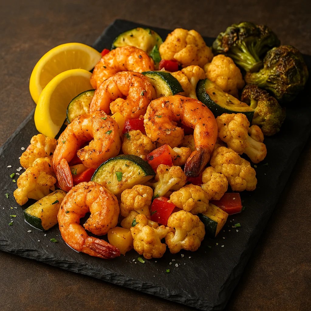 Cajun Lemon Air Fryer Shrimp with Zucchini and Peppers