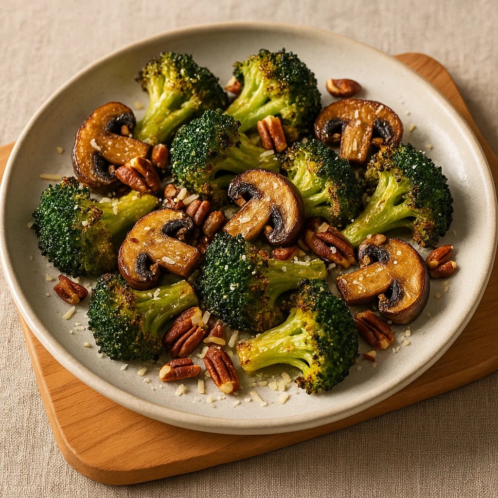 Crispy Air Fryer Broccoli and Mushroom Parmesan with Pecans