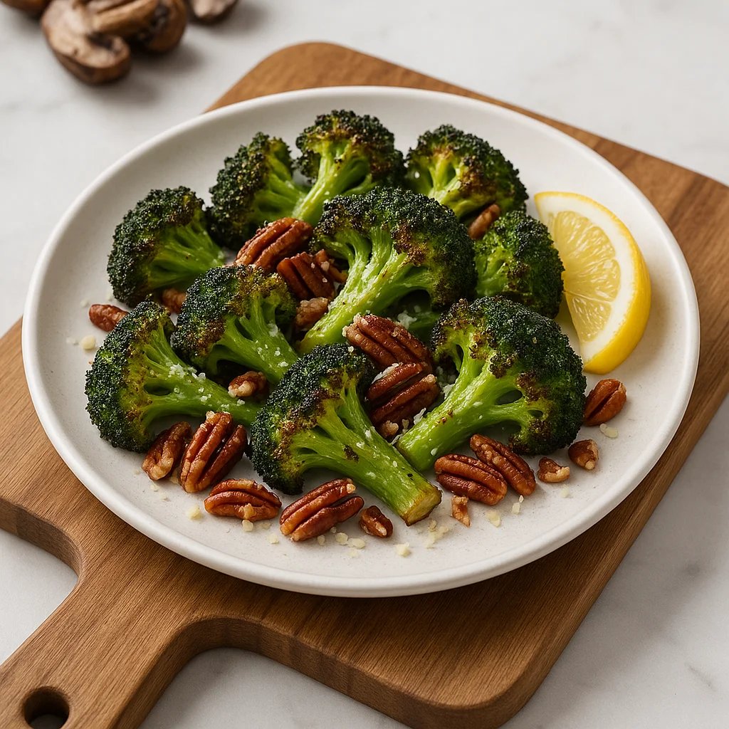 Crispy Air Fryer Broccoli with Lemon, Parmesan, and Pecans