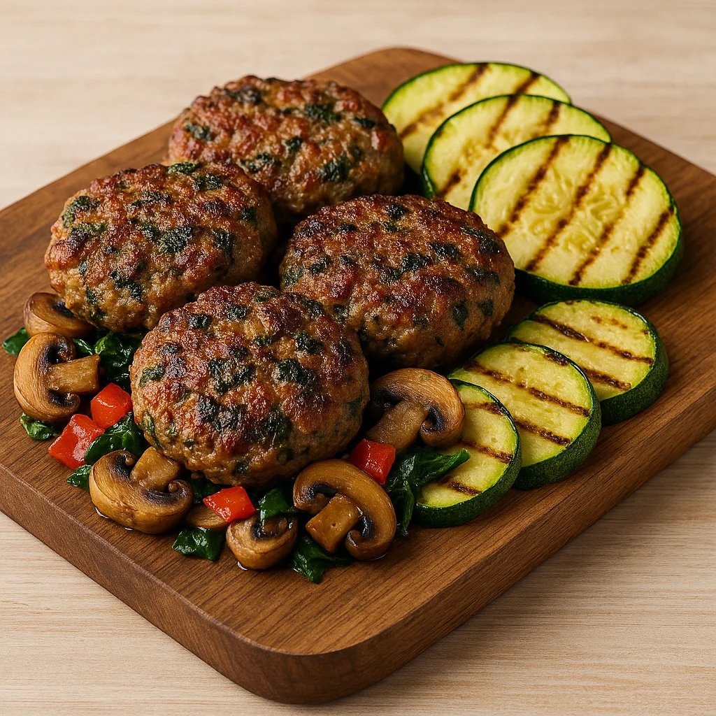 Crispy Air Fryer Lamb Breakfast Patties with Peppers and Mushrooms