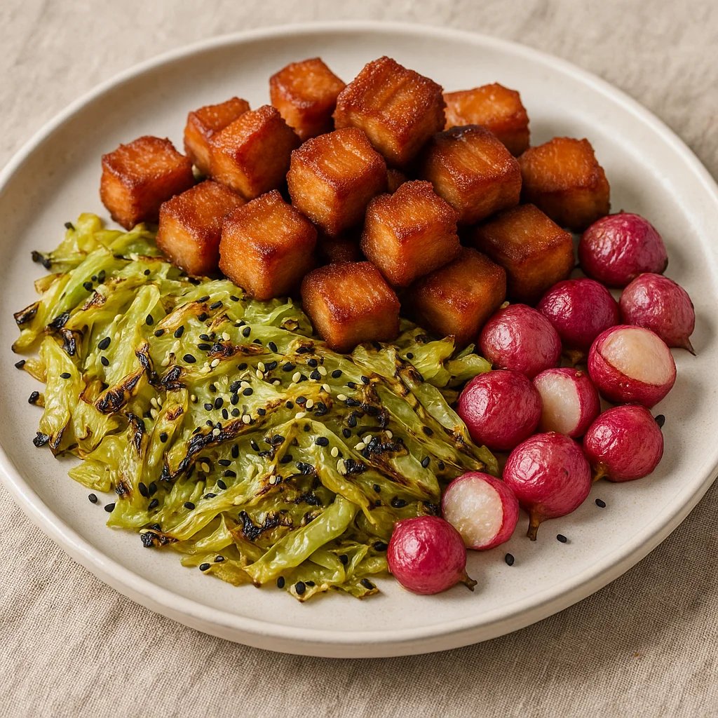 Crispy Five Spice Pork Belly Bites with Charred Sesame Cabbage