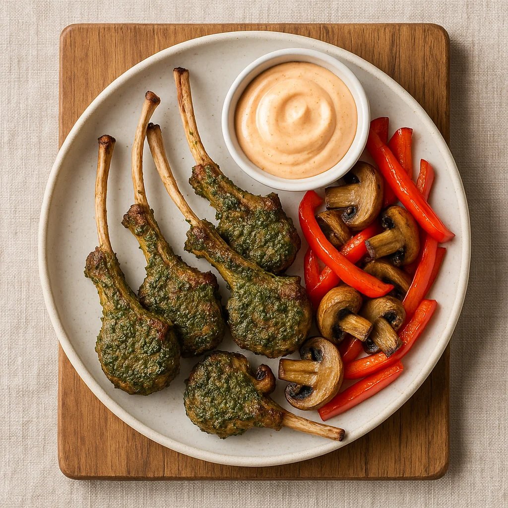 Crispy Herb Lamb Chop Lollipops with Mushroom Pepper Dippers
