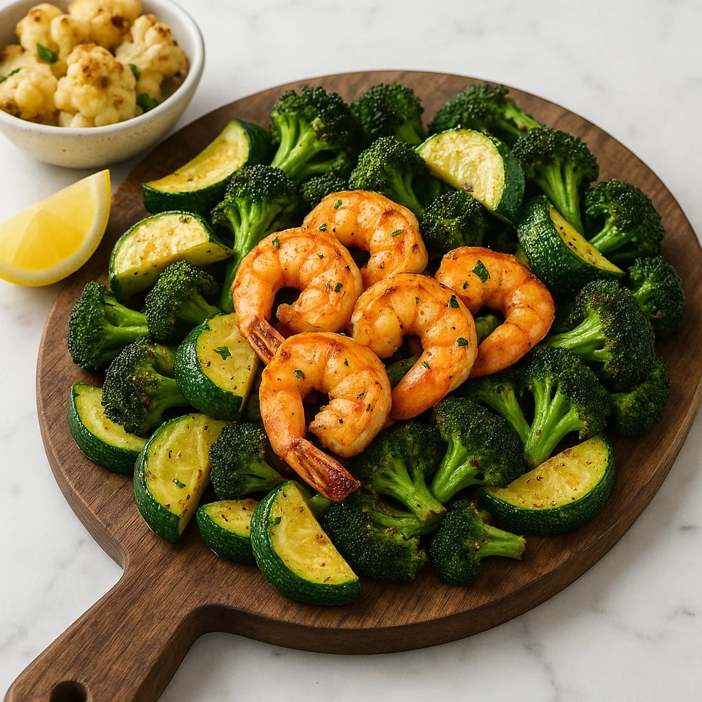 Crispy Lemon Garlic Air Fryer Shrimp with Zucchini and Broccoli