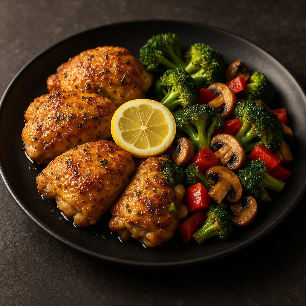 Crispy Lemon Herb Chicken Thighs with Broccoli Pepper Mushroom Medley