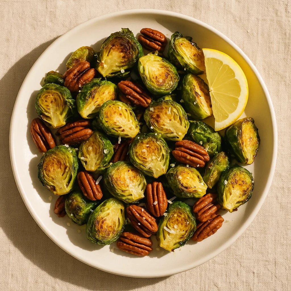 Crispy Lemon Parmesan Brussels Sprouts with Pecans