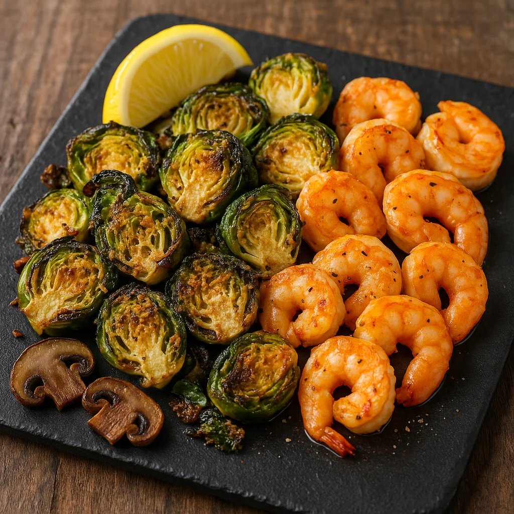 Crispy Parmesan Brussels Sprouts with Garlic Shrimp Bites