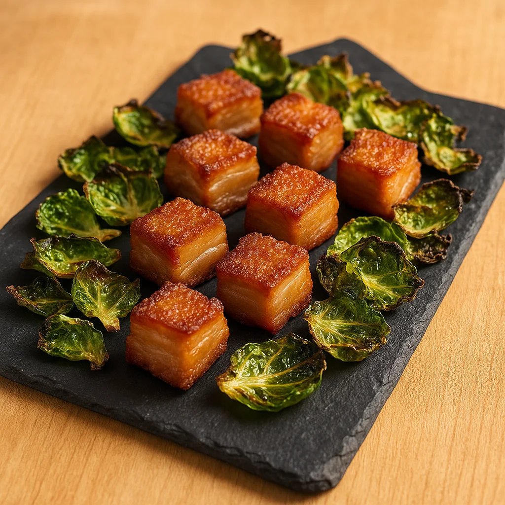 Crispy Pork Belly Bites with Brussels Sprout Chips