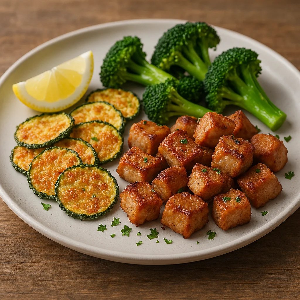 Crispy Pork Chop Bites with Zucchini Parmesan Chips