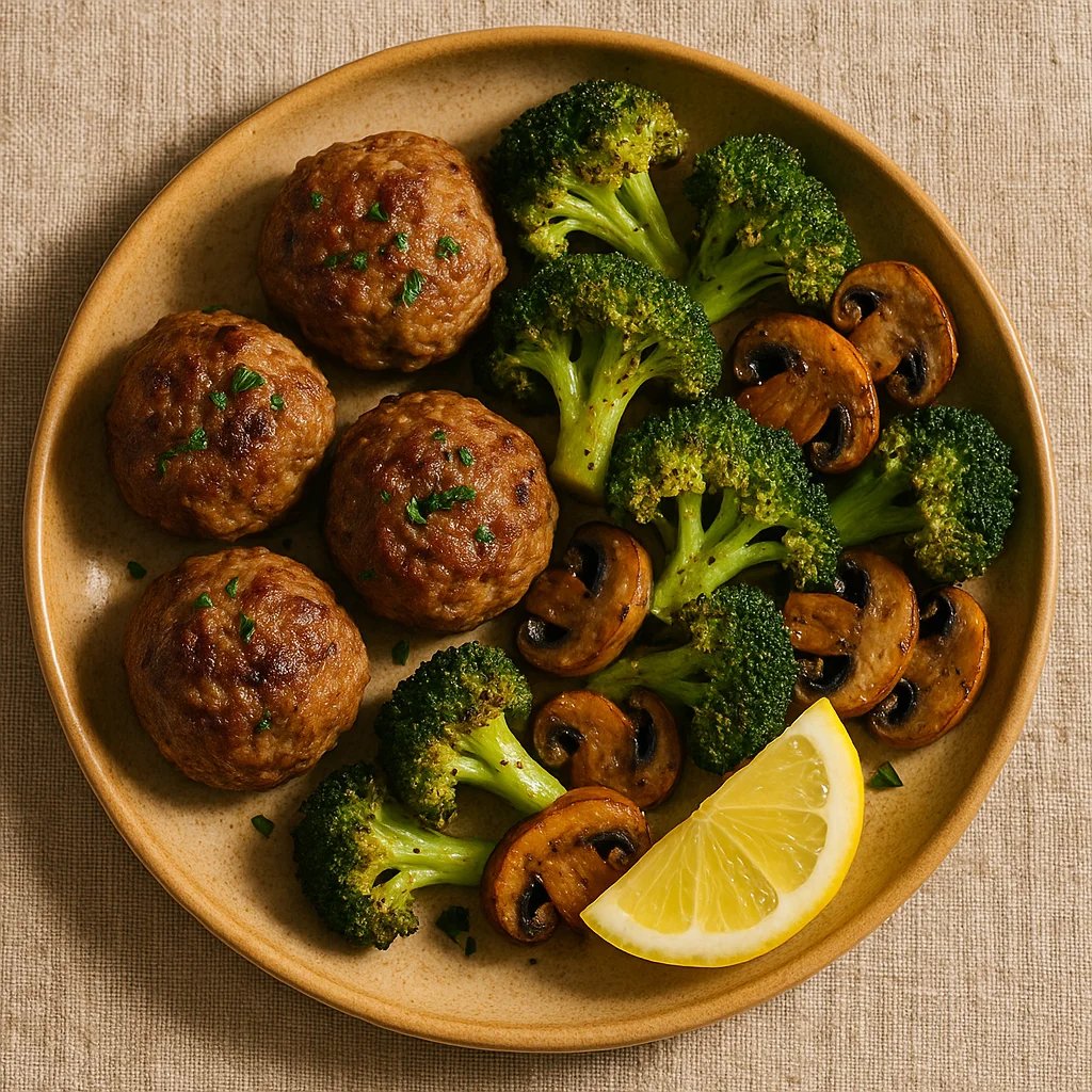 Diabetic-Friendly Air Fryer Lamb Meatballs with Steakhouse Broccoli