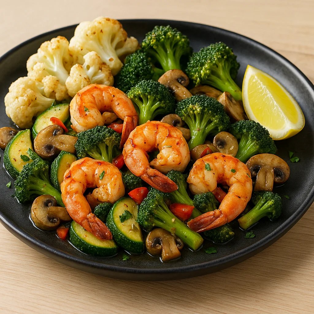 Garlic Chili Air Fryer Shrimp with Zucchini and Broccoli