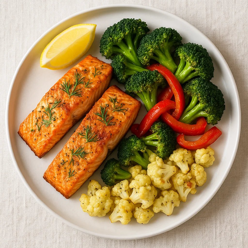 Garlic Dill Air Fryer Salmon with Broccoli and Red Pepper