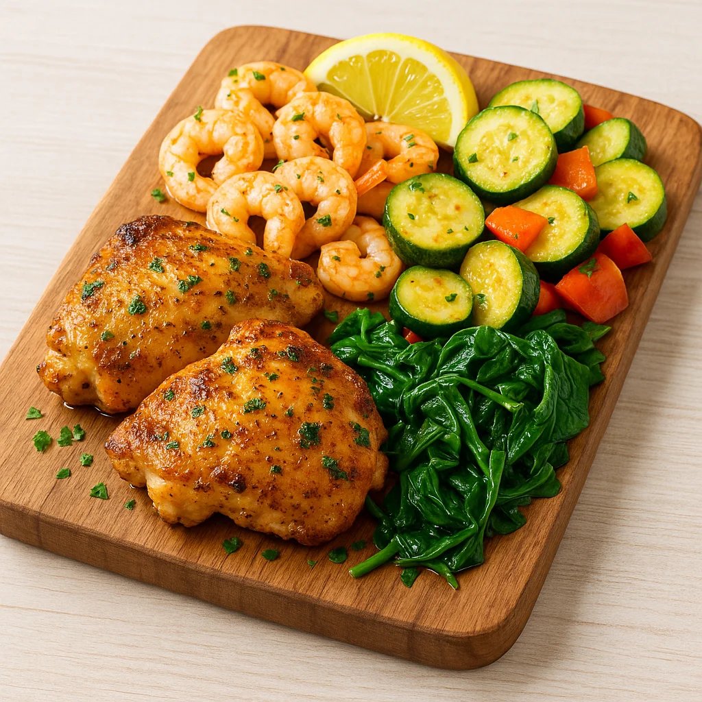 Garlic Herb Air Fryer Chicken Thighs with Lemon Shrimp and Zucchini