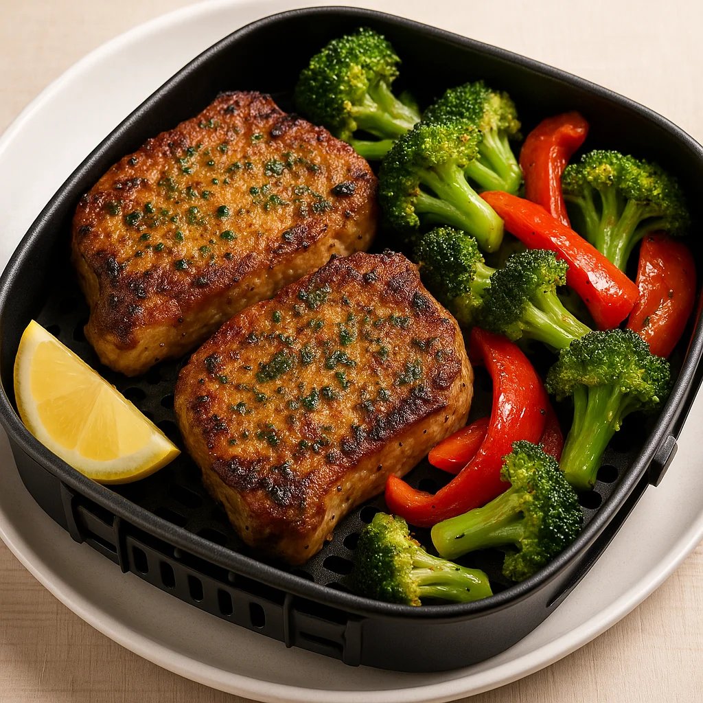 Garlic Herb Air Fryer Pork Chops with Broccoli and Peppers