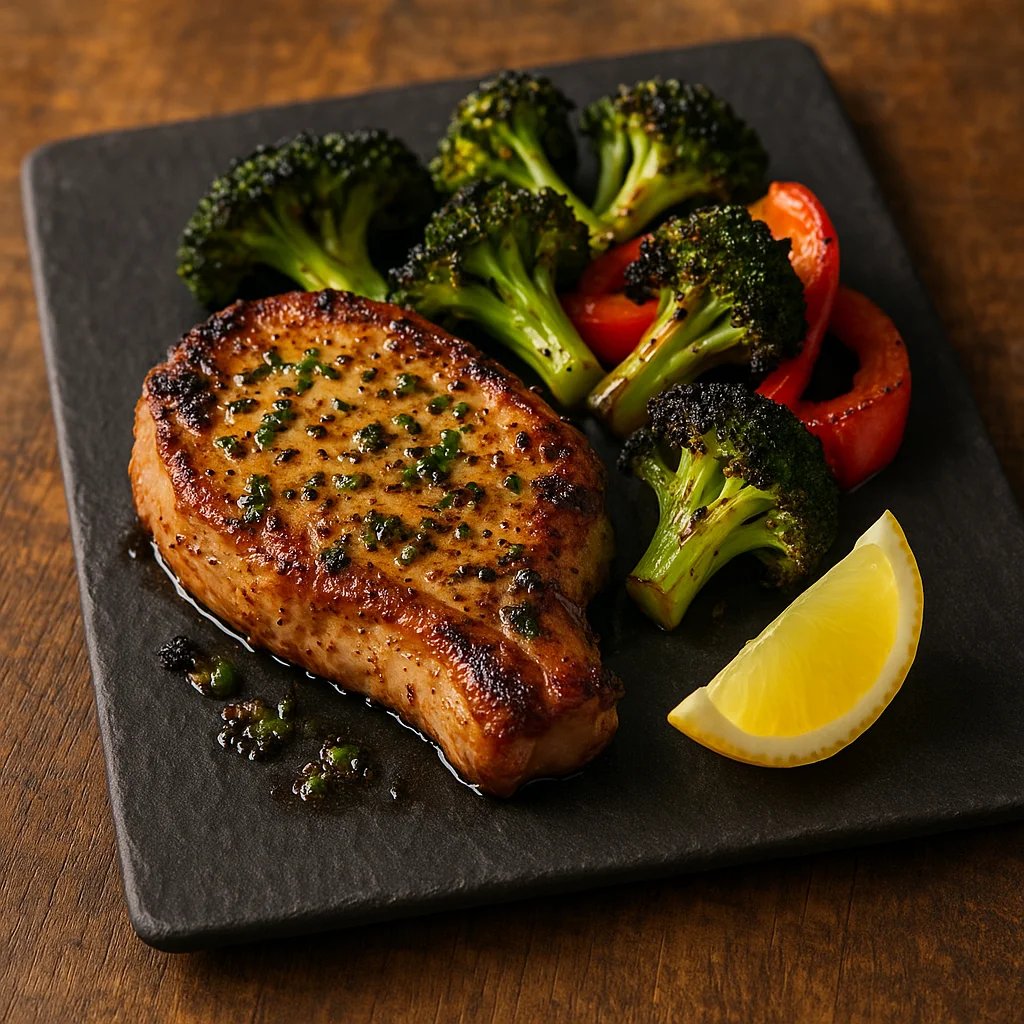 Garlic Herb Air Fryer Pork Chops with Charred Broccoli and Peppers