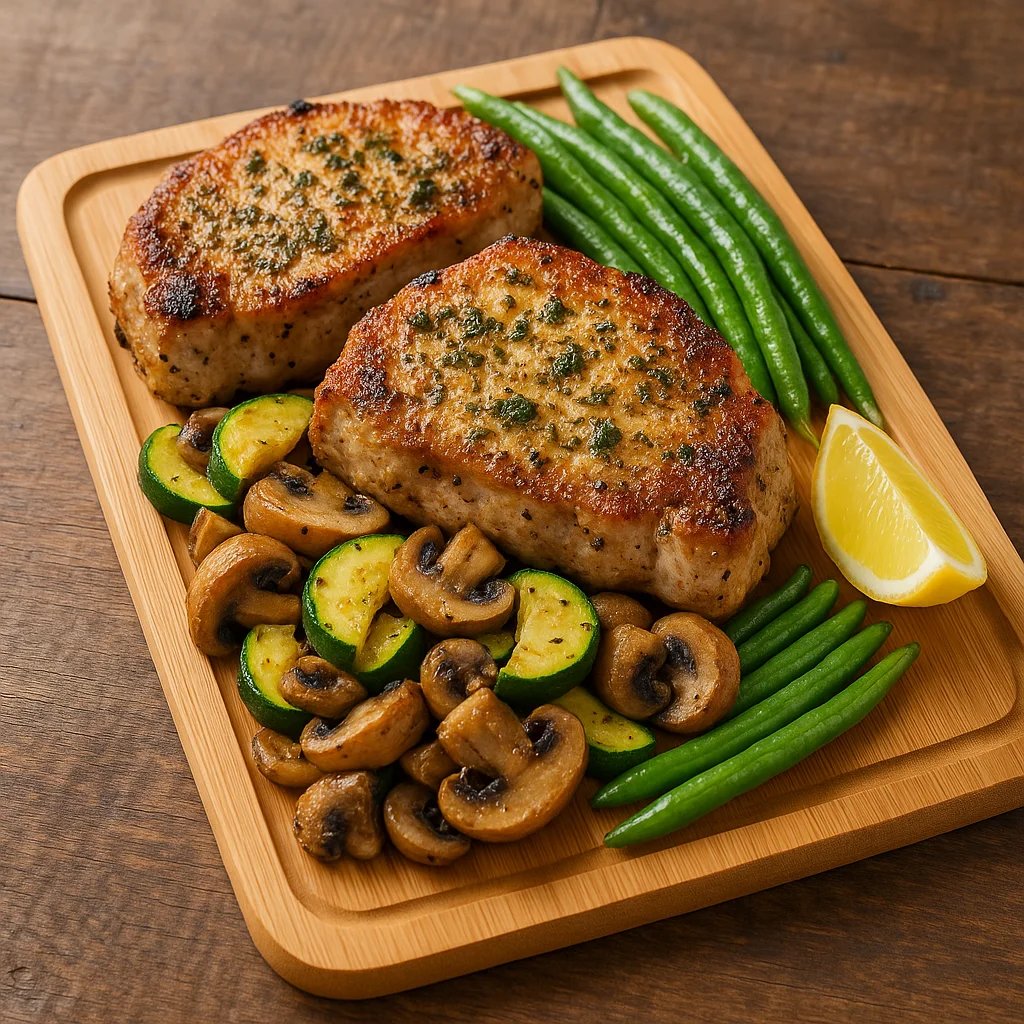 Garlic Herb Air Fryer Pork Chops with Zucchini and Mushrooms