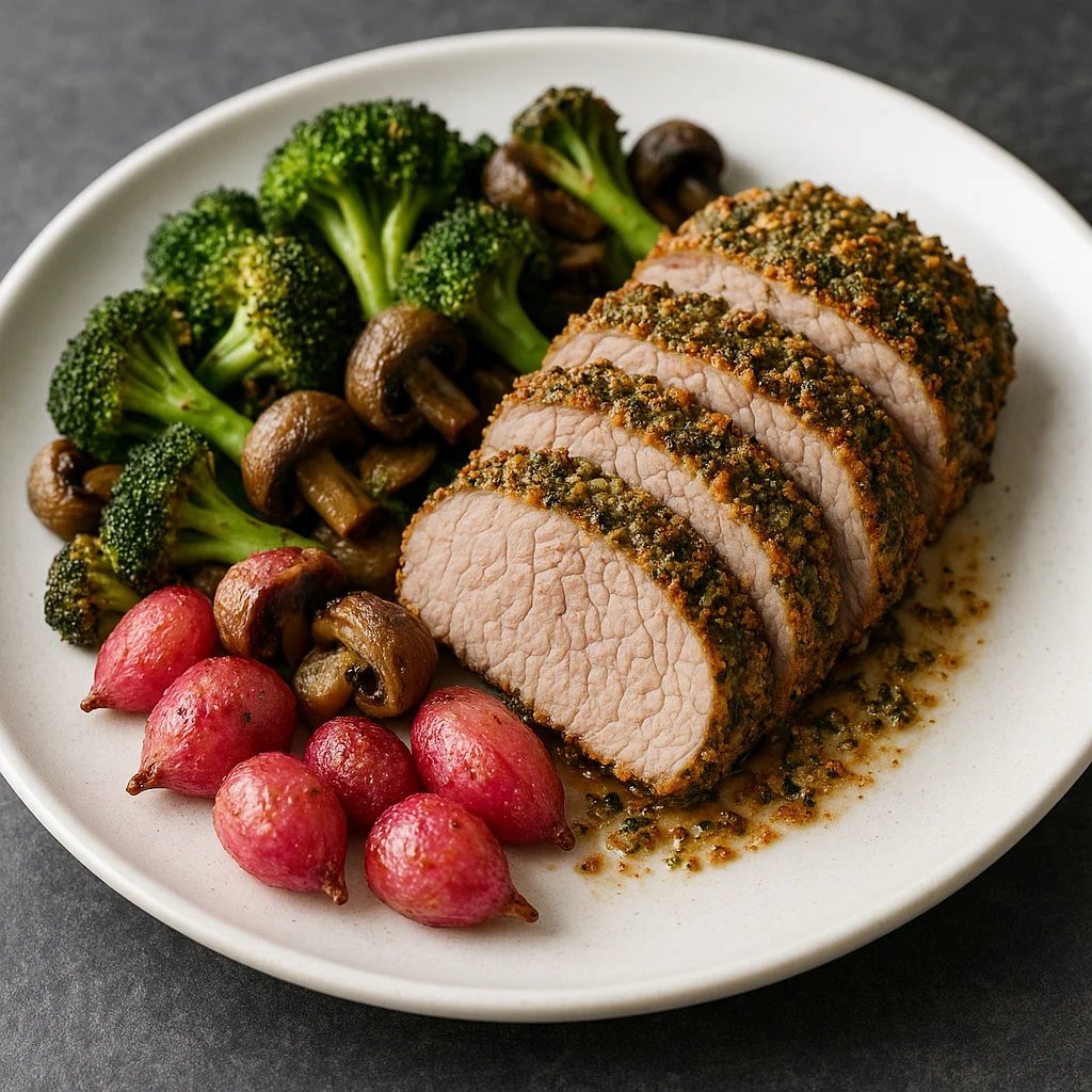 Garlic Herb Air Fryer Pork Tenderloin with Broccoli and Mushrooms