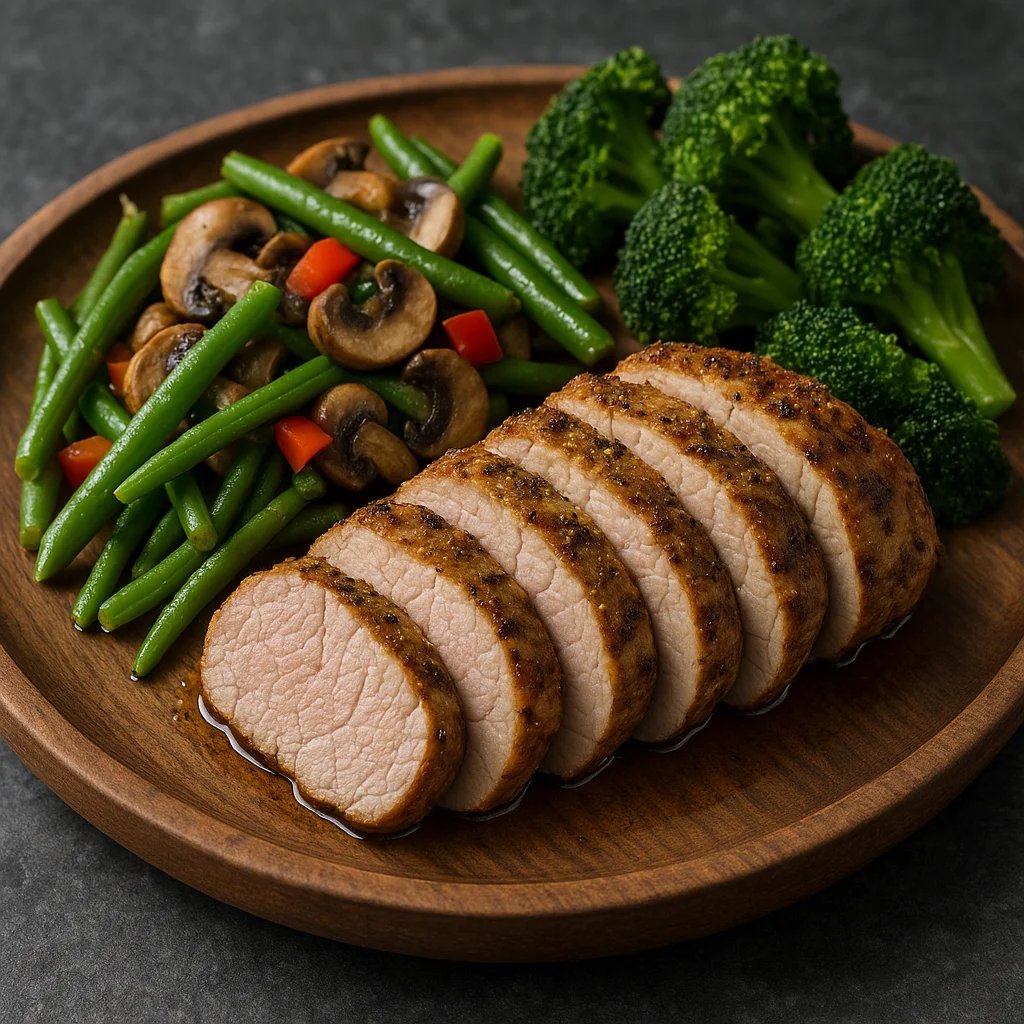 Garlic Herb Air Fryer Pork Tenderloin with Green Beans and Mushrooms