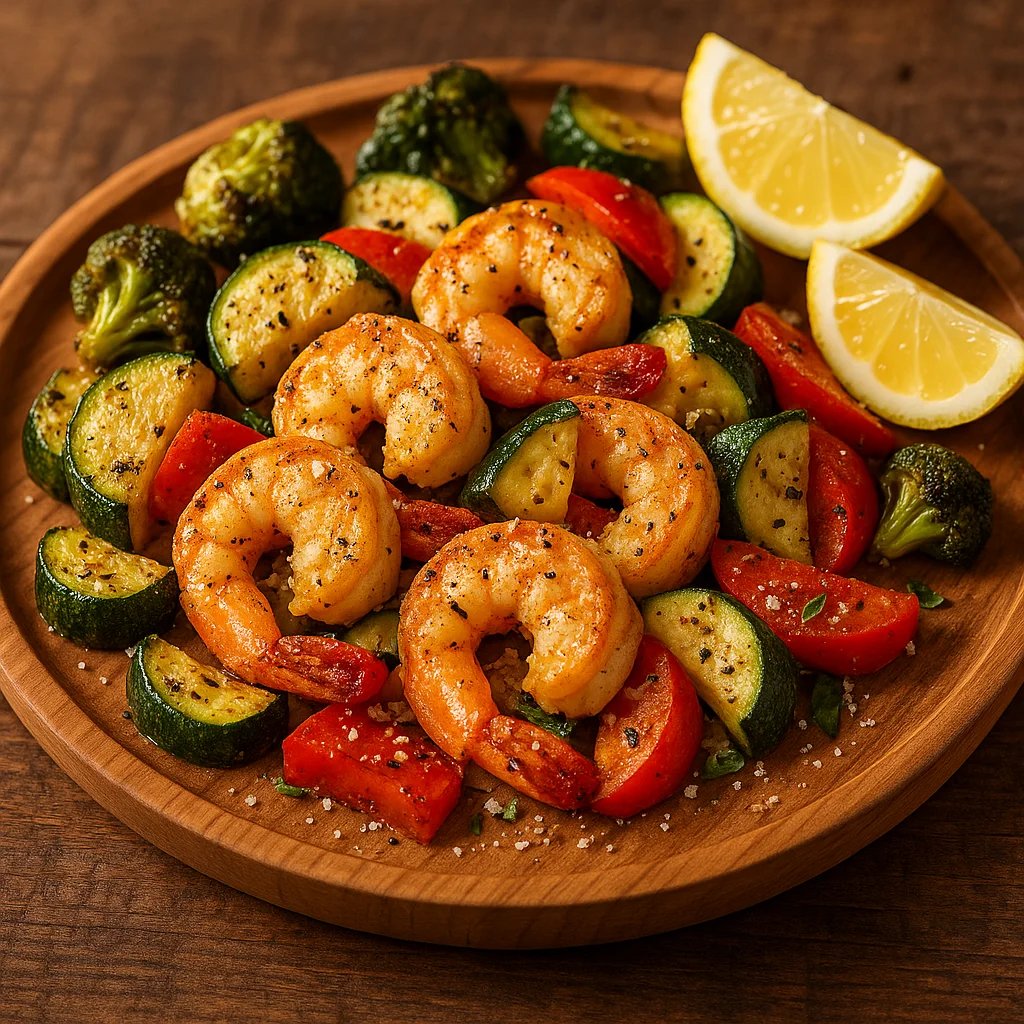 Garlic Parmesan Air Fryer Shrimp with Zucchini and Peppers