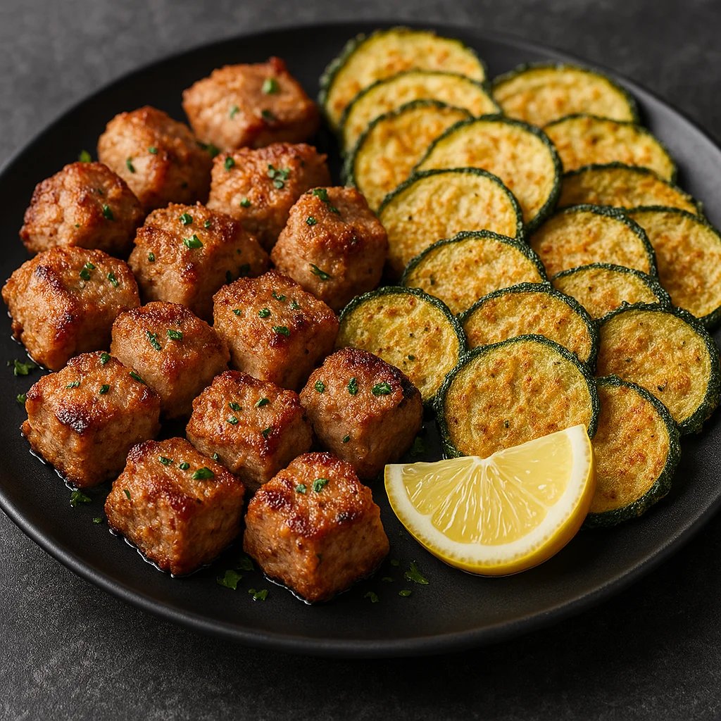 Garlic Parmesan Pork Tenderloin Bites with Zucchini Chips