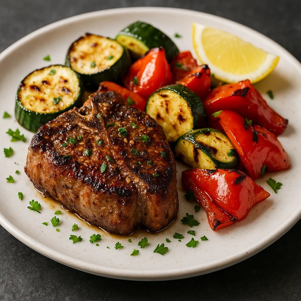 Garlic Rosemary Air Fryer Lamb Chops with Charred Zucchini and Peppers