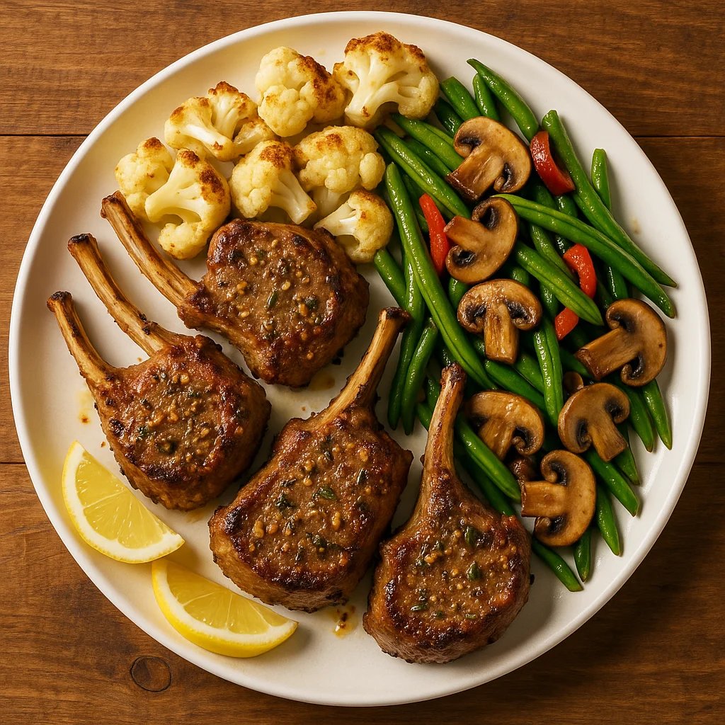 Garlic Rosemary Air Fryer Lamb Chops with Green Beans and Mushrooms
