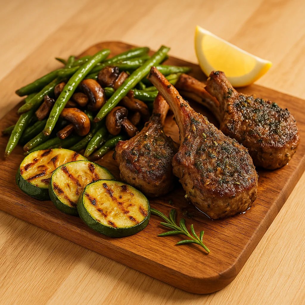 Garlic Rosemary Air Fryer Lamb Chops with Green Beans and Mushrooms