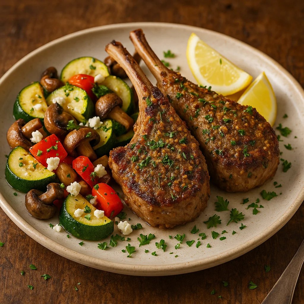 Garlic Rosemary Air Fryer Lamb Chops with Zucchini and Peppers
