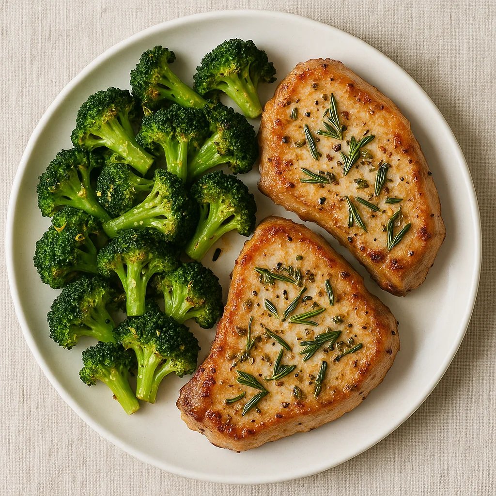 Garlic Rosemary Air Fryer Pork Chops with Lemon Broccoli