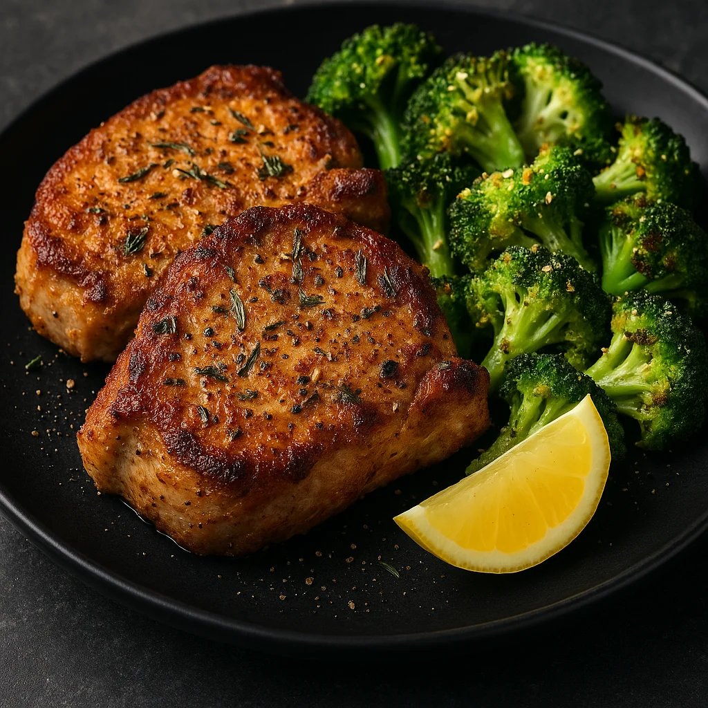 Garlic Rosemary Air Fryer Pork Chops with Lemon Parmesan Broccoli