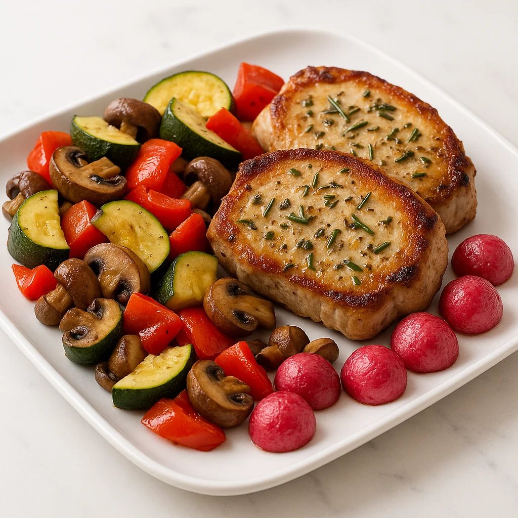 Garlic Rosemary Air Fryer Pork Chops with Zucchini and Peppers