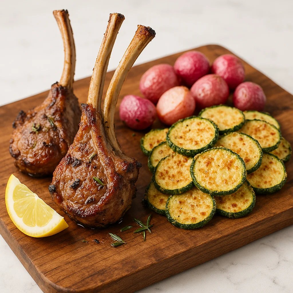 Garlic Rosemary Lamb Chop Lollipops with Zucchini Chips