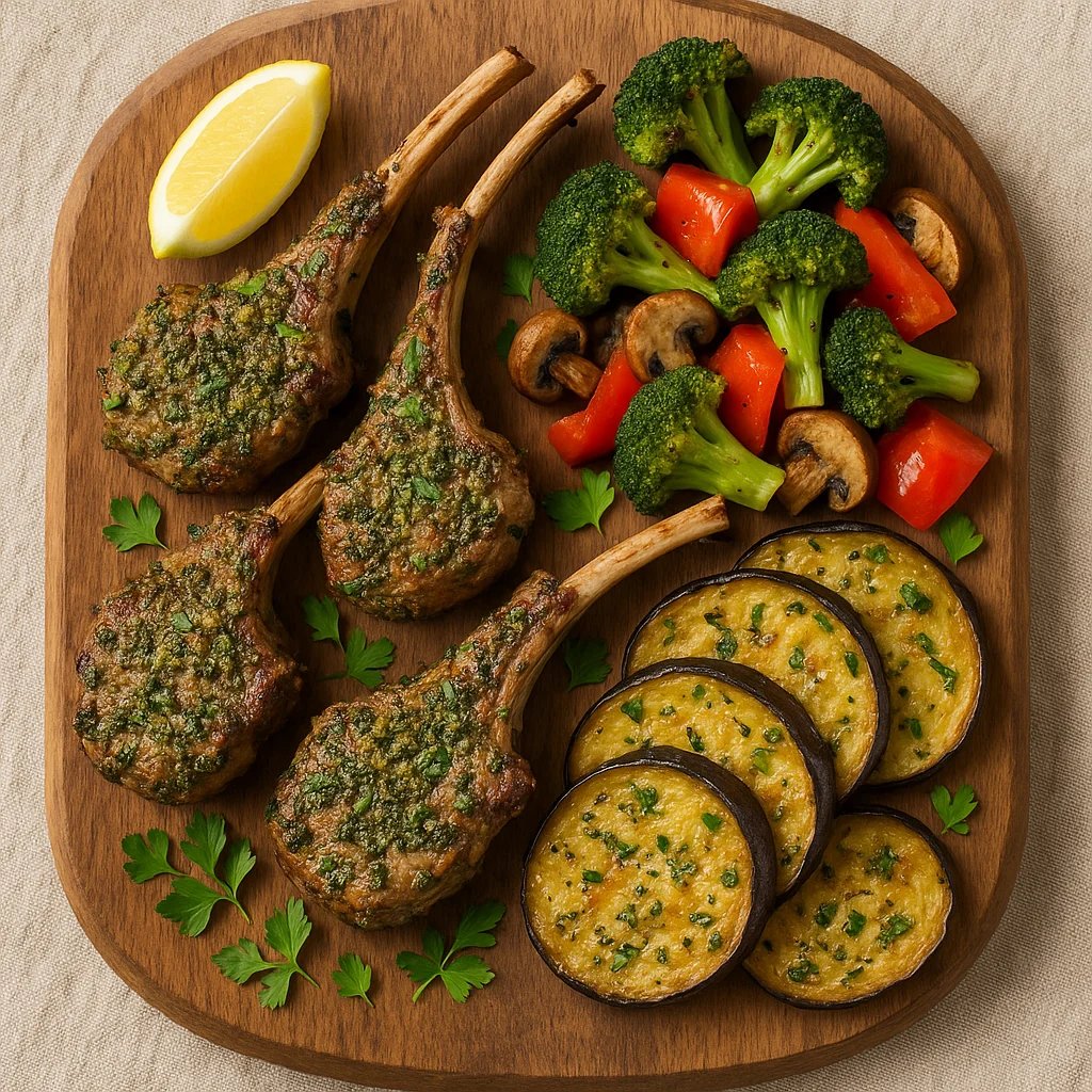 Herb Crusted Air Fryer Lamb Chops with Broccoli and Peppers
