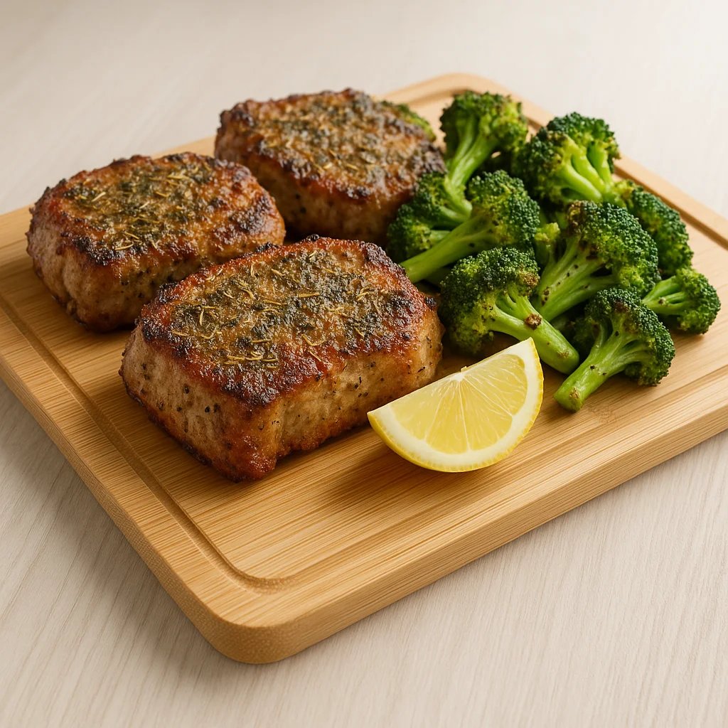 Herb Crusted Air Fryer Pork Chops with Garlic Lemon Broccoli