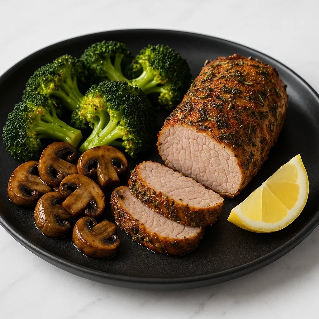 Herb Crusted Air Fryer Pork Tenderloin with Broccoli and Mushrooms