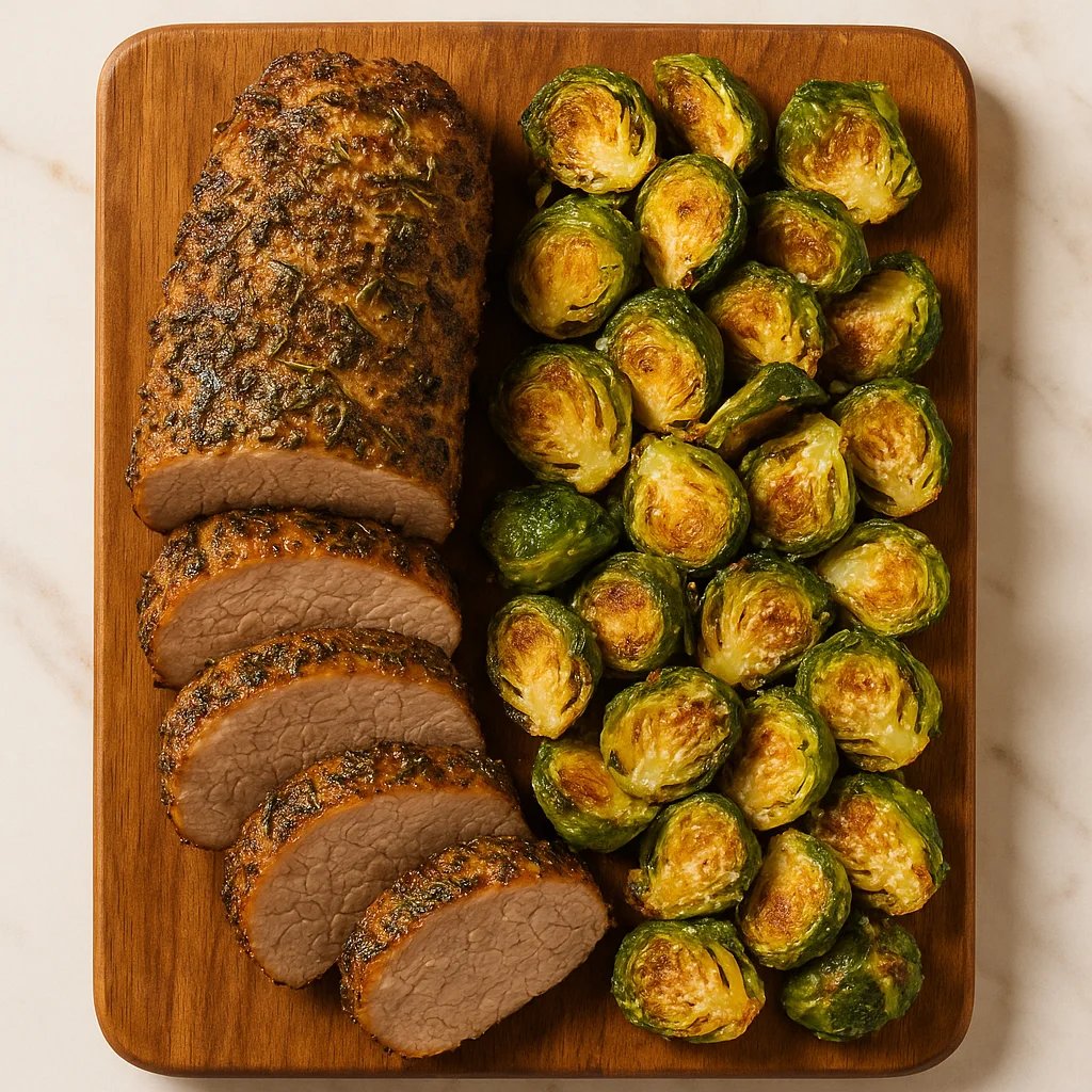 Herb Crusted Air Fryer Pork Tenderloin with Crispy Parmesan Brussels Sprouts