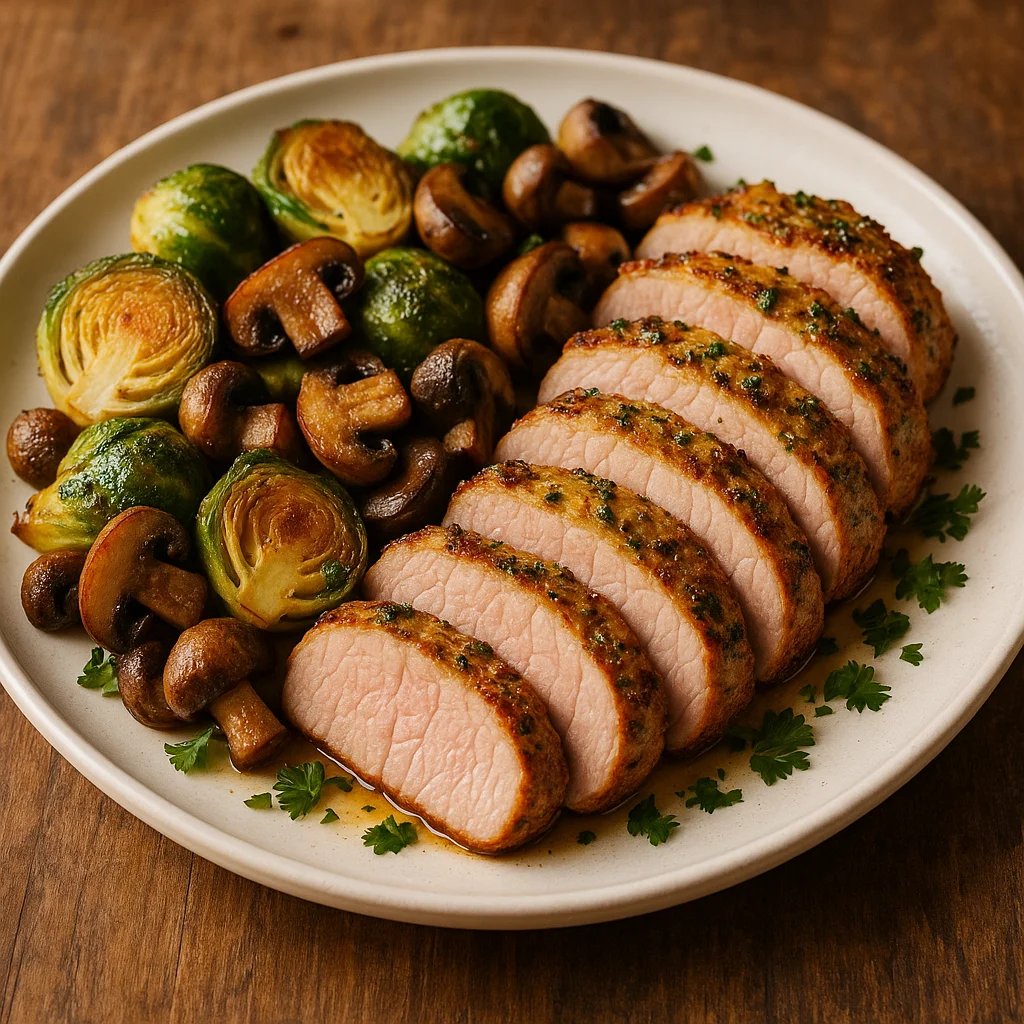 Herb Dijon Air Fryer Pork Tenderloin with Brussels Sprouts and Mushrooms