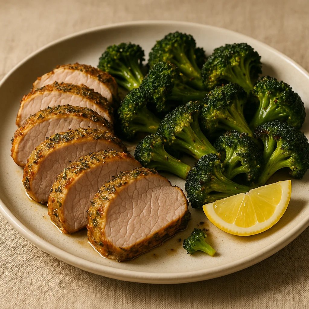 Herb Dijon Air Fryer Pork Tenderloin with Garlicky Broccoli