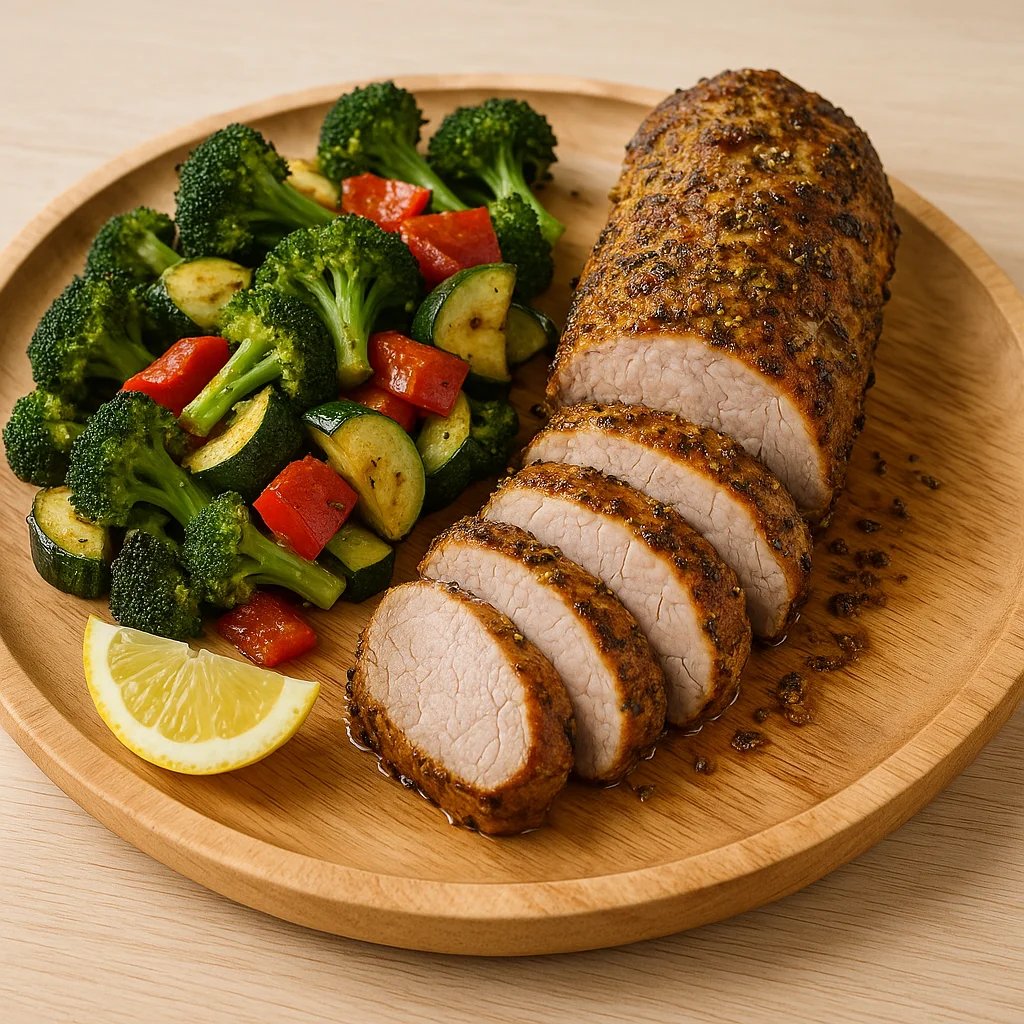 Herb Dijon Air Fryer Pork Tenderloin with Roasted Broccoli Trio