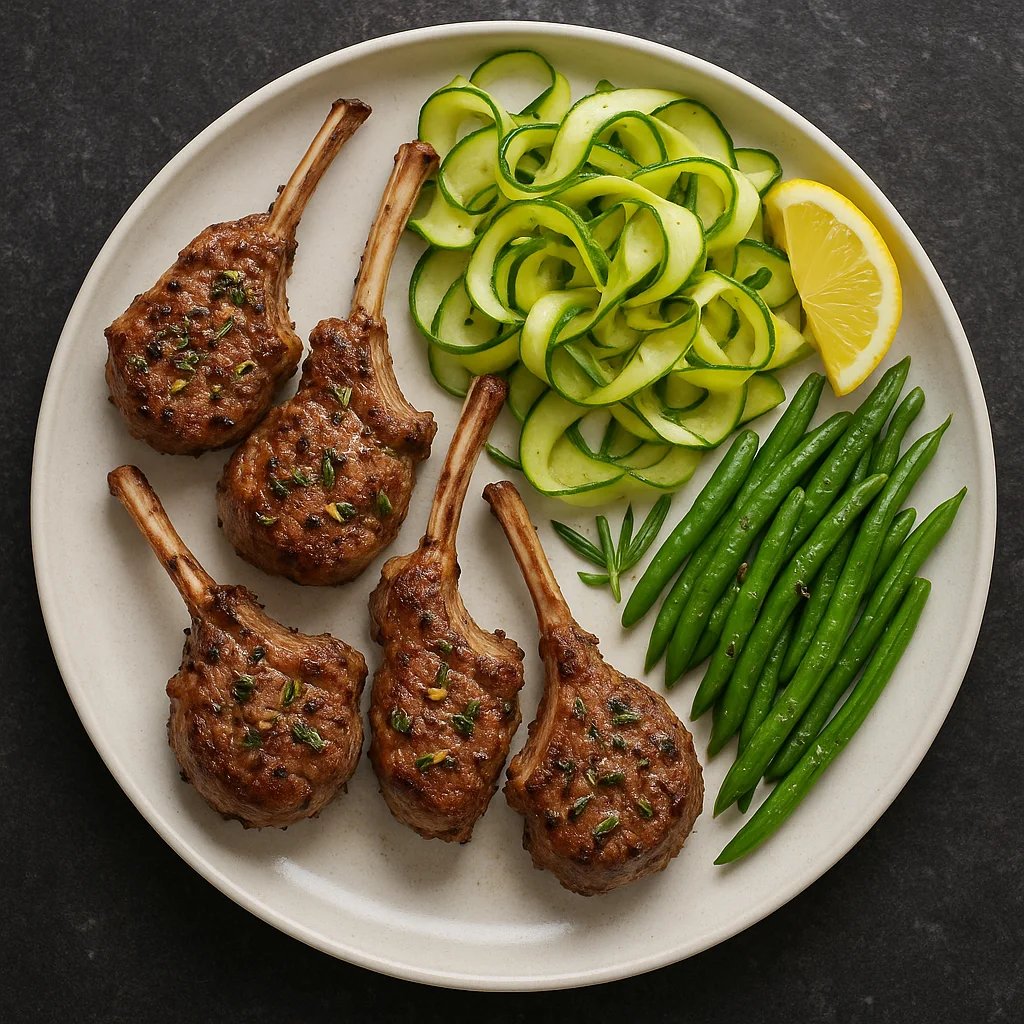 Herb Lemon Air Fryer Lamb Chop Lollipops with Zucchini Ribbon Salad