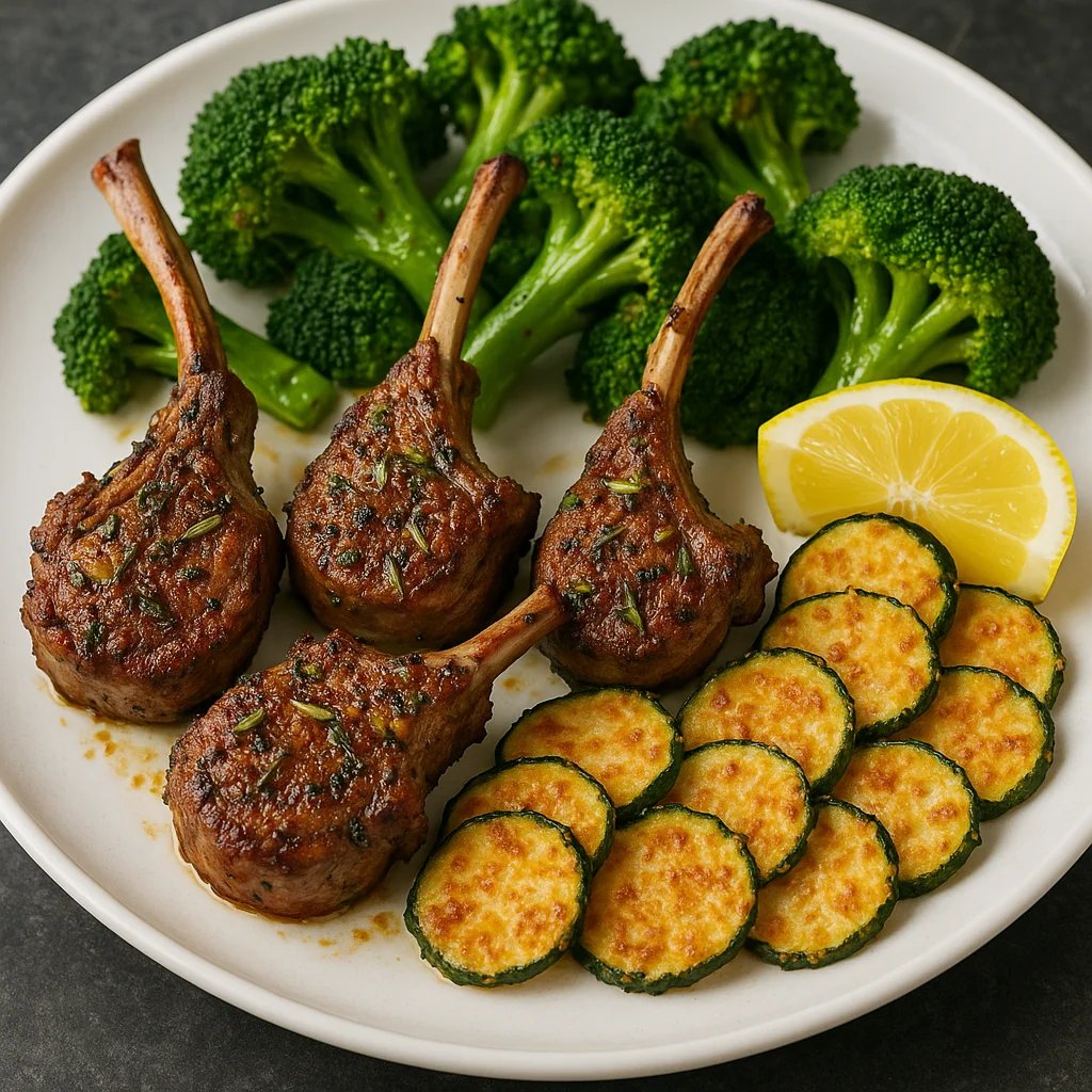 Herb Rubbed Air Fryer Lamb Chop Lollipops with Parmesan Zucchini Chips