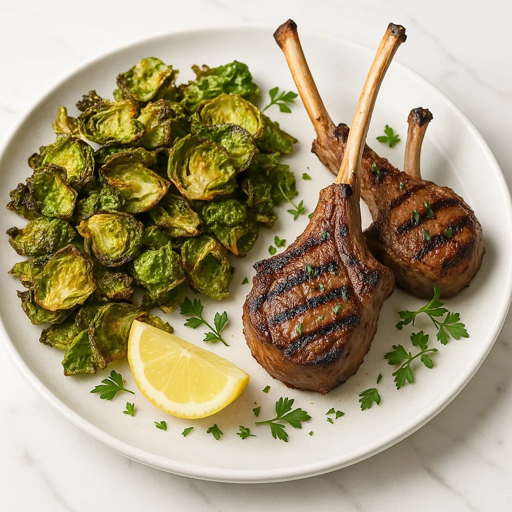 Lamb Chop Lollipops with Low Carb Air Fryer Brussels Sprout Chips