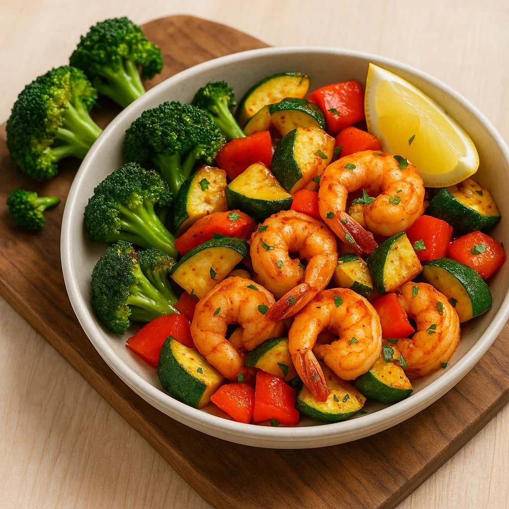 Lemon Garlic Air Fryer Shrimp with Zucchini and Peppers