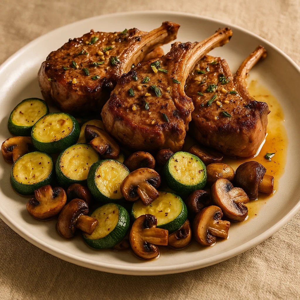Quick Air Fryer Garlic Rosemary Lamb Chops with Zucchini and Mushrooms