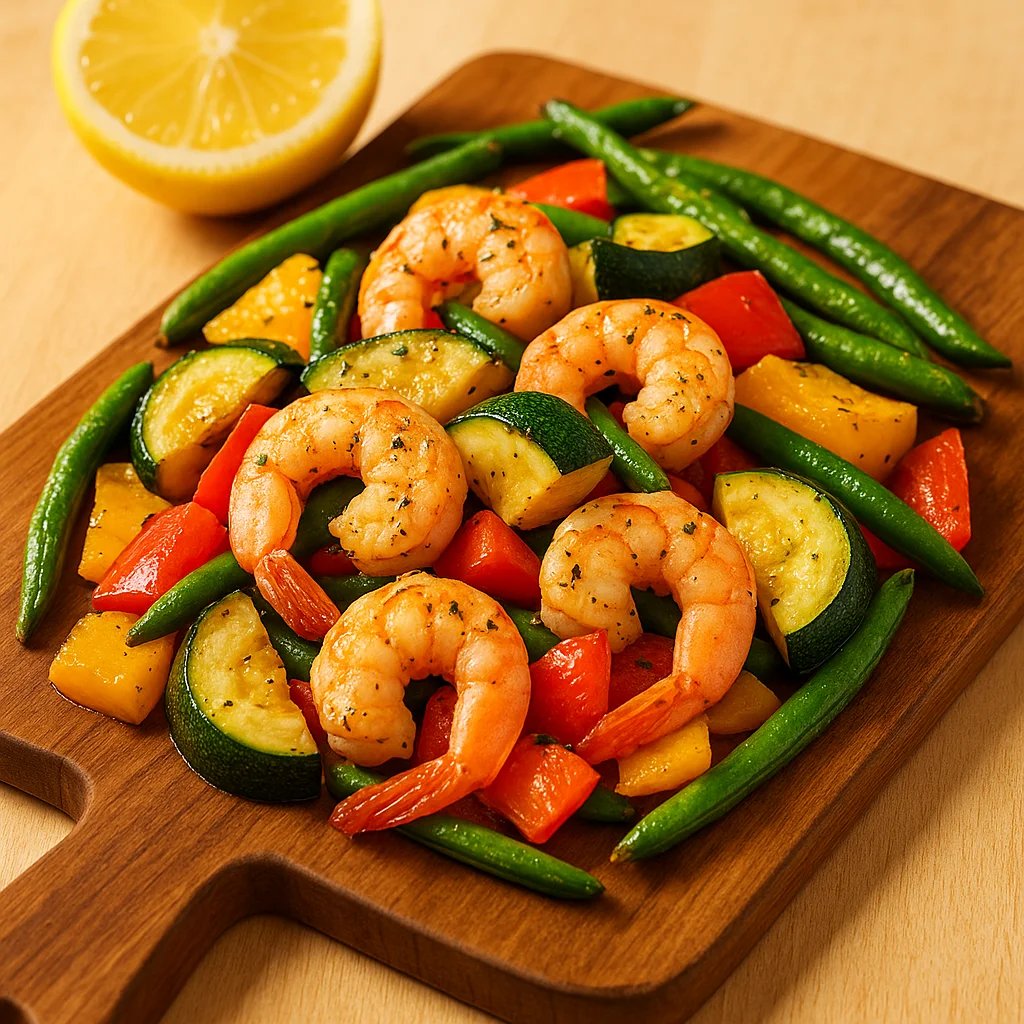 Quick Lemon Garlic Air Fryer Shrimp with Zucchini and Peppers