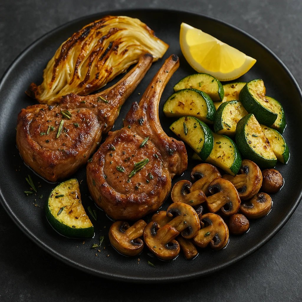 Quick Lemon Rosemary Air Fryer Lamb Chops with Zucchini and Mushrooms