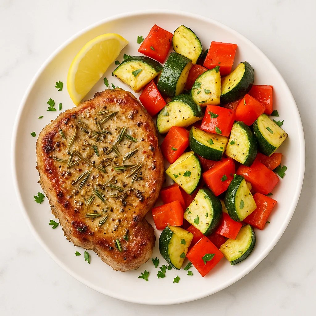 Quick Rosemary Garlic Air Fryer Pork Chops with Zucchini and Peppers