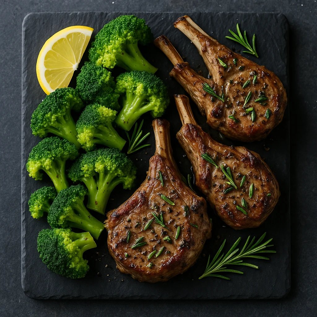 Rosemary Garlic Air Fryer Lamb Chops with Lemon Broccoli