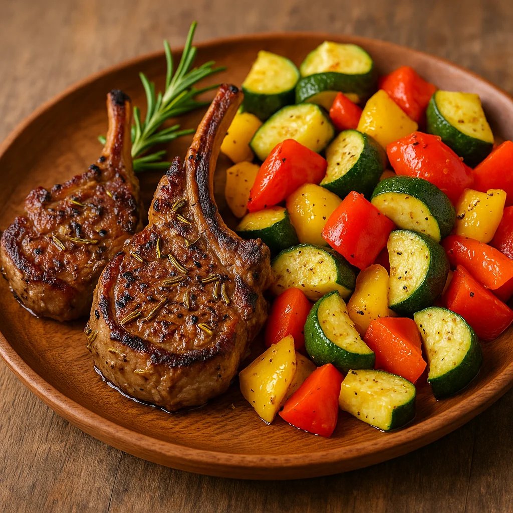 Rosemary Garlic Air Fryer Lamb Chops with Zucchini and Peppers