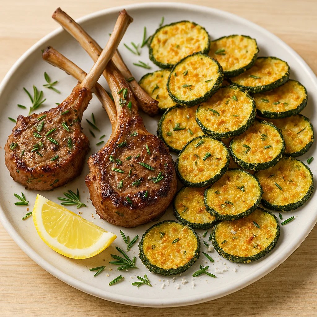 Rosemary Garlic Lamb Chop Lollipops with Crispy Zucchini Chips